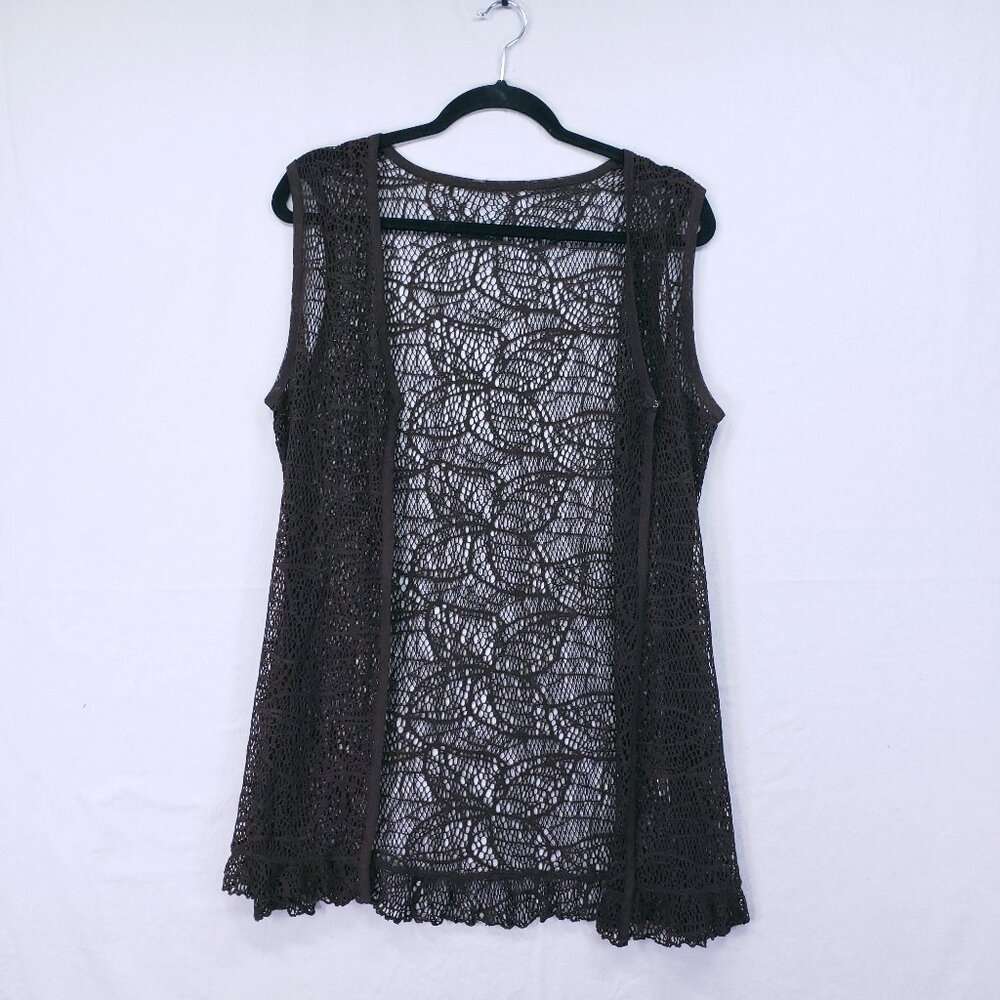 Fashion Park Brown Beachy Boho Hippie Lace Sheer Cover Up Cardigan Vest Size M